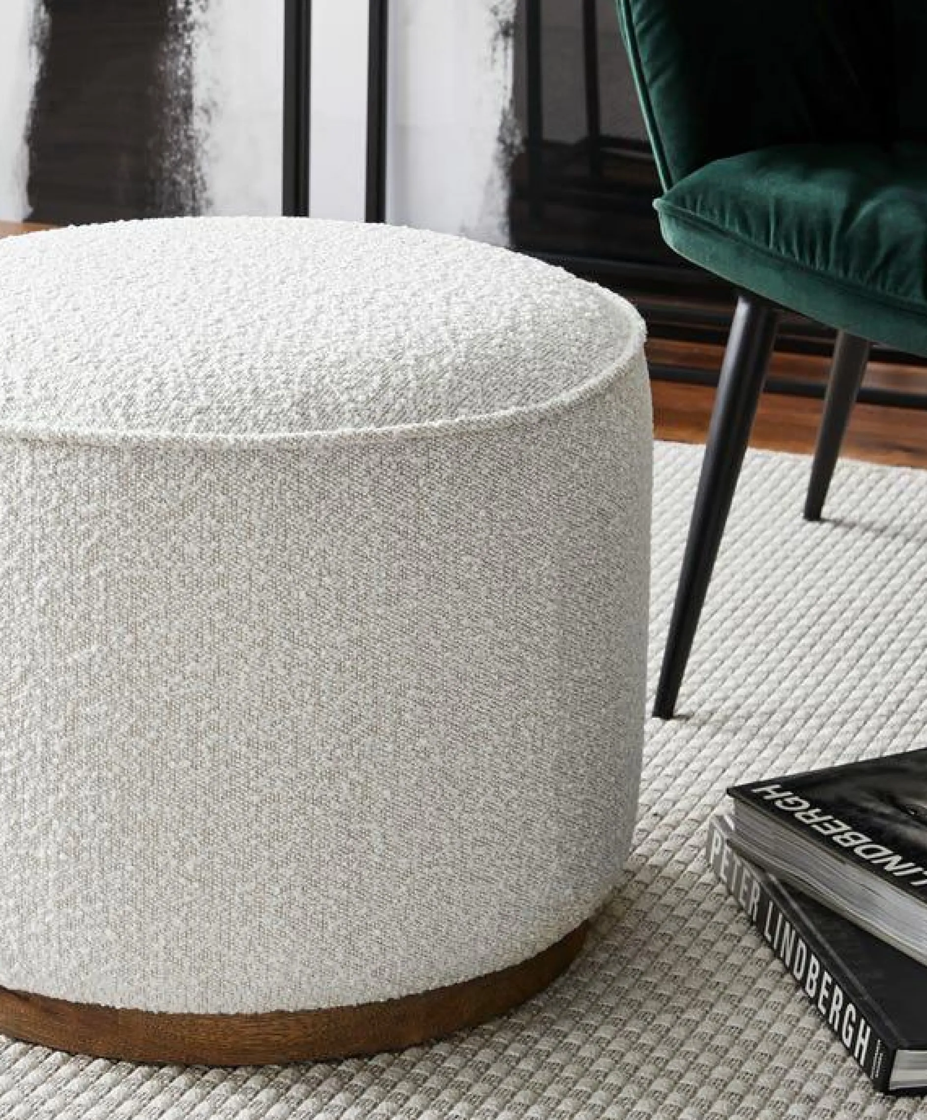 Sinclair - Round Bouclé Pouf with Wooden Base by Four Hands